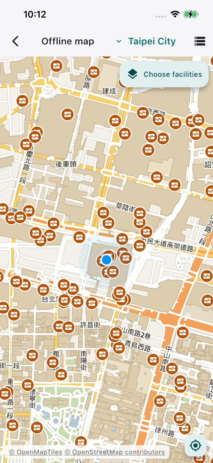 AED facility layer on an offline map with a simulated location