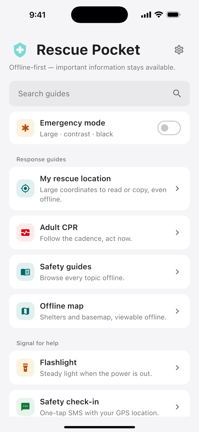 Rescue Pocket home screen with Search guides above Emergency mode, followed by My rescue location and offline tools